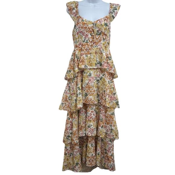 En Saison Presley Midi Dress Tiered Skirt Floral Embroidered M Ruffle Cottage - Picture 2 of 11